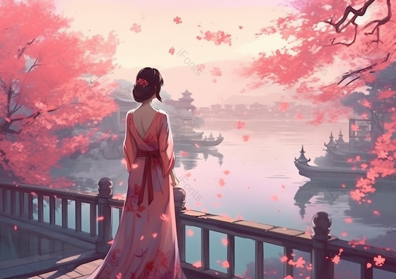 中国传统国风国潮形中式古代桃花盛开的桃树下矗立着远眺水面的古风汉服少女背面插画,插画/手绘图,插画/手绘图库,插画/手绘图下载,插画/手绘